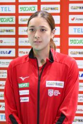 　取材に応じるバレーボール女子日本代表の石川主将＝１３日、東京都内