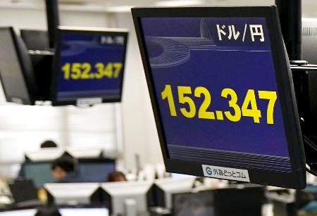 一時1ドル=152円台を付けた円相場を示すモニター=8日午前、東京都港区の外為どっとコム