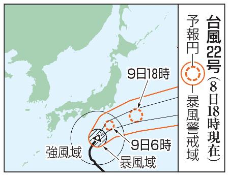 台風22号の予想進路(8日18時現在)