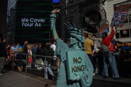 　トランプ大統領の政治手法に抗議するデモで「ＮＯ　ＫＩＮＧＳ（王はいらない）」を掲げる参加者＝１８日、ニューヨーク（ロイター＝共同）