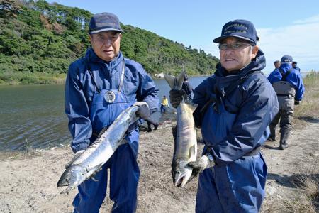 今季初となる漁で取れたサケを持つ木戸川漁協の組合員ら=23日午前、福島県楢葉町の木戸川
