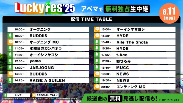 『LuckyFes'25』最終日！きょう8月11日の配信タイムテーブルをチェック