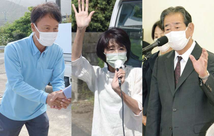（右）支援者にあいさつする金子万寿夫氏（中）政権交代を訴える松崎真琴氏（左）有権者と握手する三反園訓氏