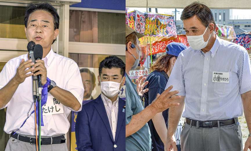（写真右）有権者と話し込む小里泰弘氏＝姶良市（写真左）立憲民主党の泉健太政調会長（右）を招き、集会であいさつする野間健氏＝姶良市