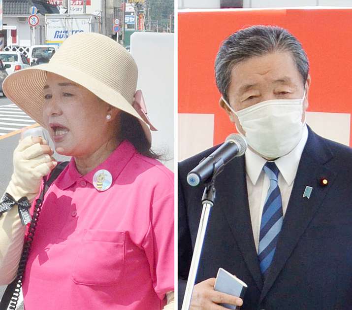（右）支持者を前に決意表明する森山裕氏＝鹿屋市（左）街頭で演説する米永淳子氏＝霧島市