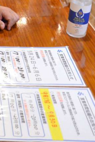 時短営業を周知するビラを手元に置く居酒屋の店主。強い移動制限の必要性を感じる