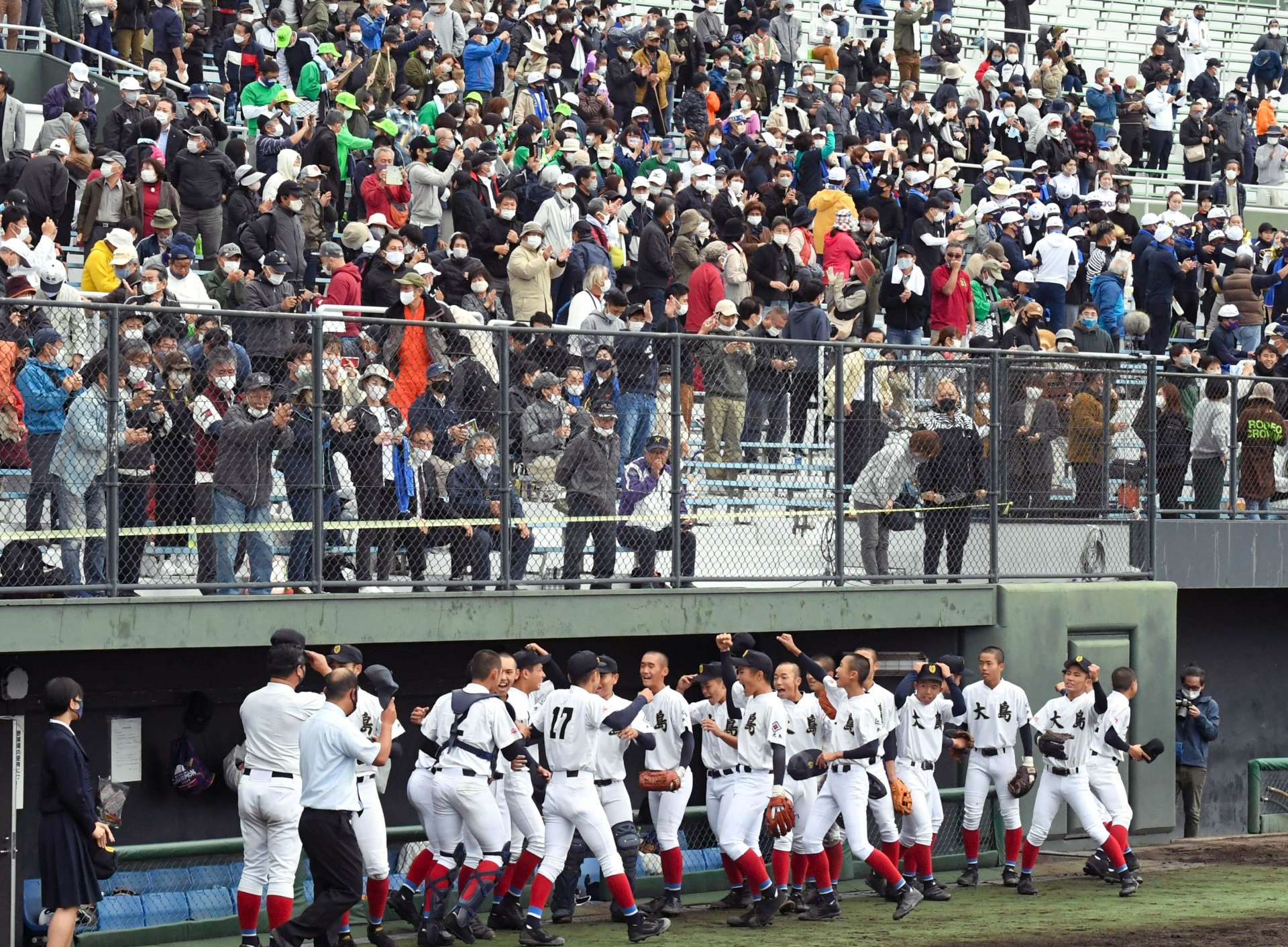 ４強入りを決めて歓喜に沸く大島高ナインと応援席＝鹿児島市の平和リース球場