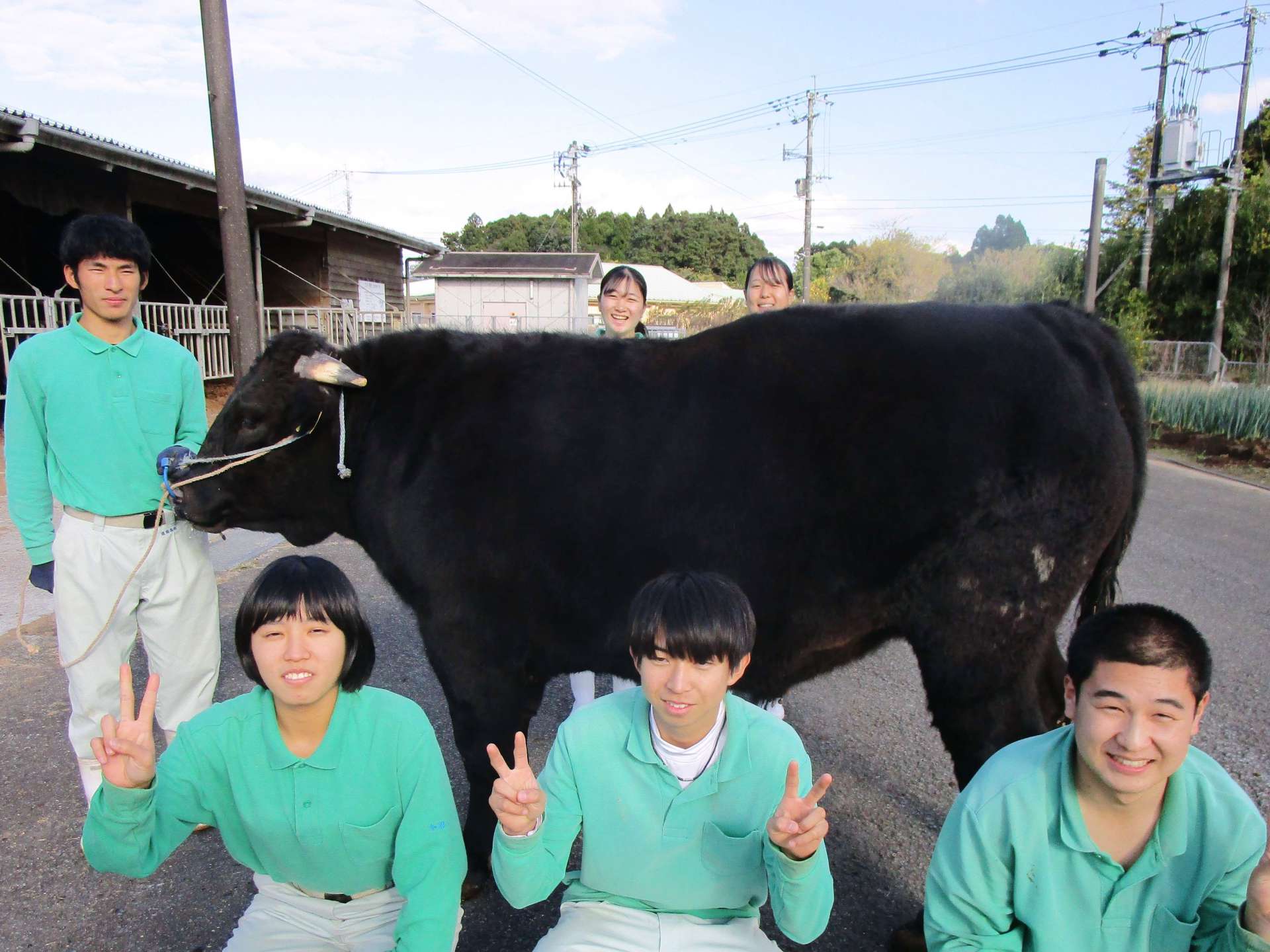 曽於高校肉用牛班のメンバーと和牛甲子園に出品した「裕太号」（同校提供）