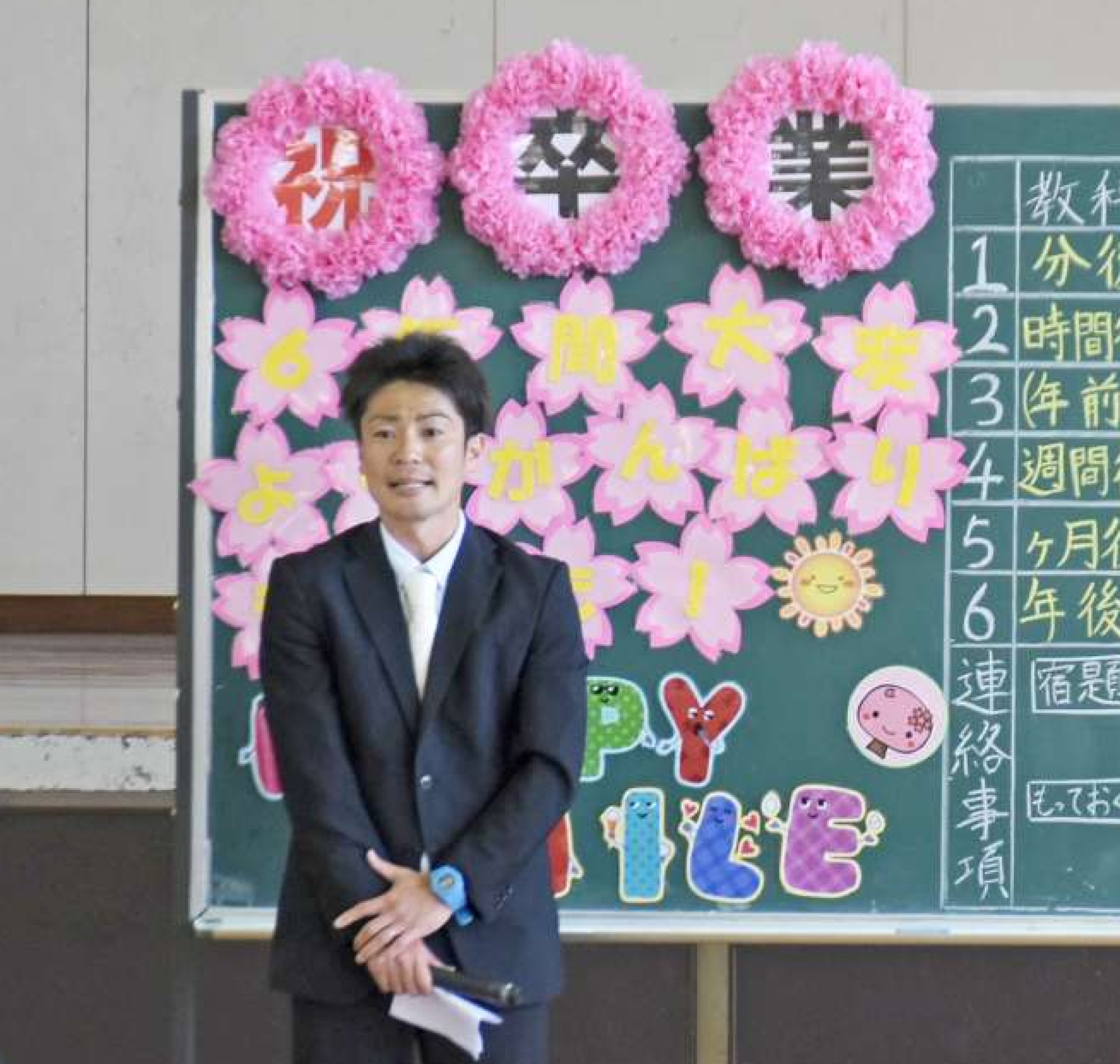 卒業生にお祝いの言葉を述べる元担任の坂元宏輝教諭＝１４日、南大隅町根占川北の神山小学校