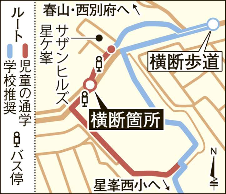 横断歩道のある迂回路がどれだけ遠くにあるかよくわかる地図