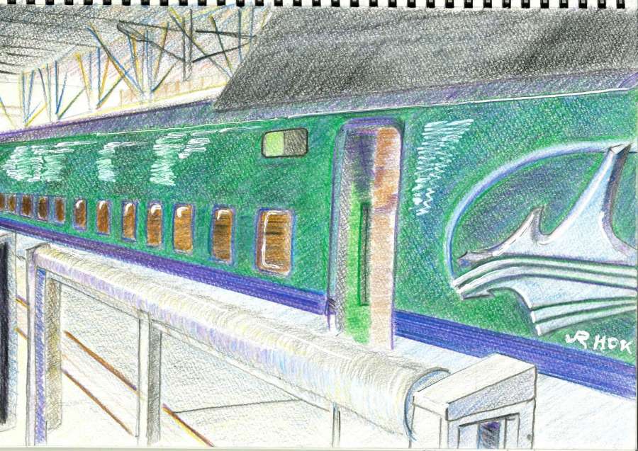 新函館北斗駅に停車する北海道・東北新幹線「はやぶさ２８号」（Ｈ５系）の絵