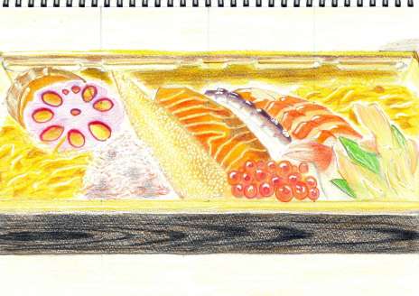 新函館北斗駅で購入した駅弁「蝦夷ちらし」の絵。潮の香りが伝わればいいのだが…