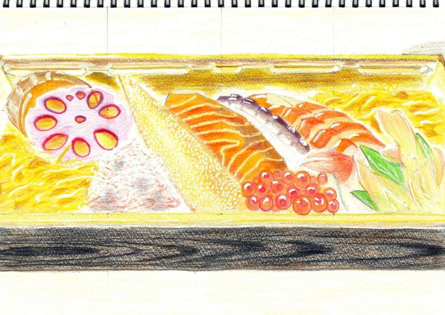 新函館北斗駅で購入した駅弁「蝦夷ちらし」の絵。潮の香りが伝わればいいのだが…