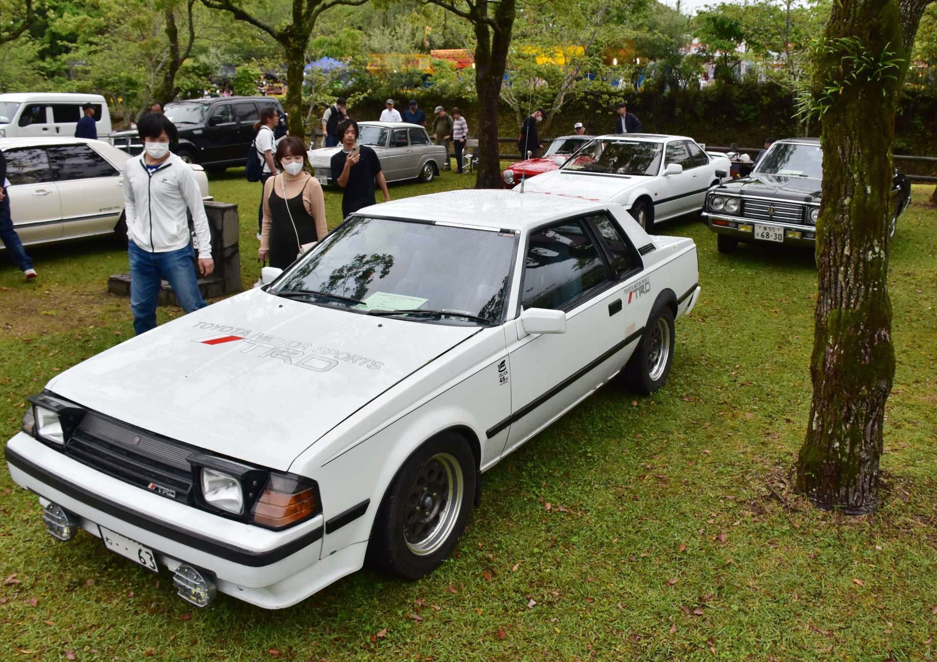 往年の名車に見入る来場者＝２１日、指宿市のかいもん山麓ふれあい公園