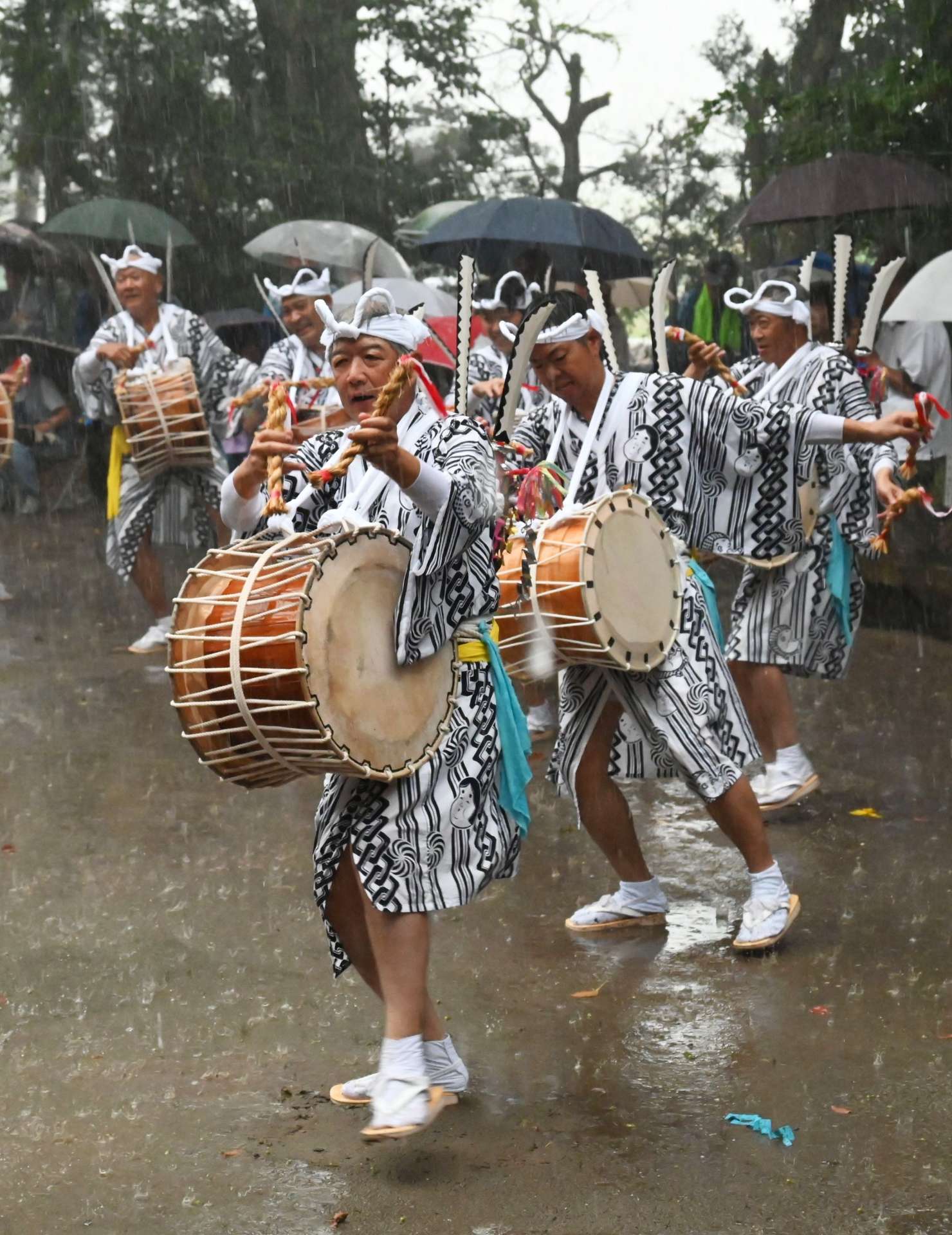 激しい雨の中、勇壮な踊りを奉納する下山田西豊年太鼓踊り保存会＝南九州市川辺の竹屋神社