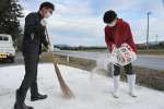 道路に消石灰をまく出水市職員＝８日午後、同市高尾野町下水流