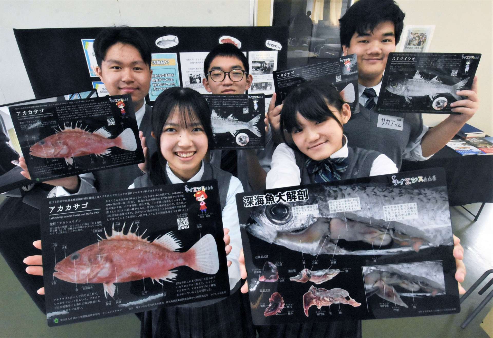 鳳凰高校生が作った深海魚の図鑑下敷き＝南さつま市の同校