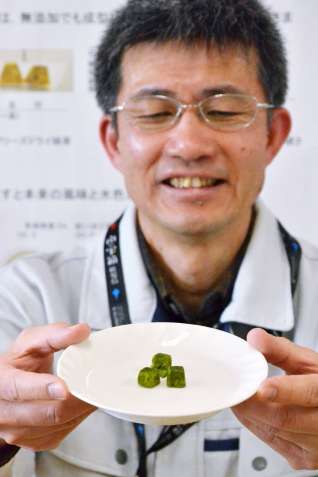 開発担当の三浦さんとフリーズドライ緑茶＝２２日、鹿屋市の同センター