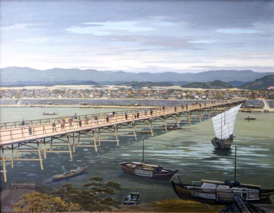 初代太平橋想定図（小倉一夫画）（薩摩川内市川内歴史資料館提供）