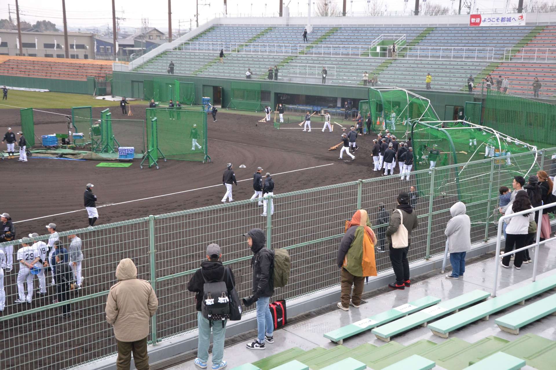 都城運動公園野球場でロッテ２軍キャンプを見学する市民ら＝１日、都城市妻ケ丘町