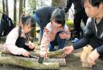 シイタケとキクラゲの駒打ちに挑戦する子どもたち＝志布志市松山町尾野見の霧島神社