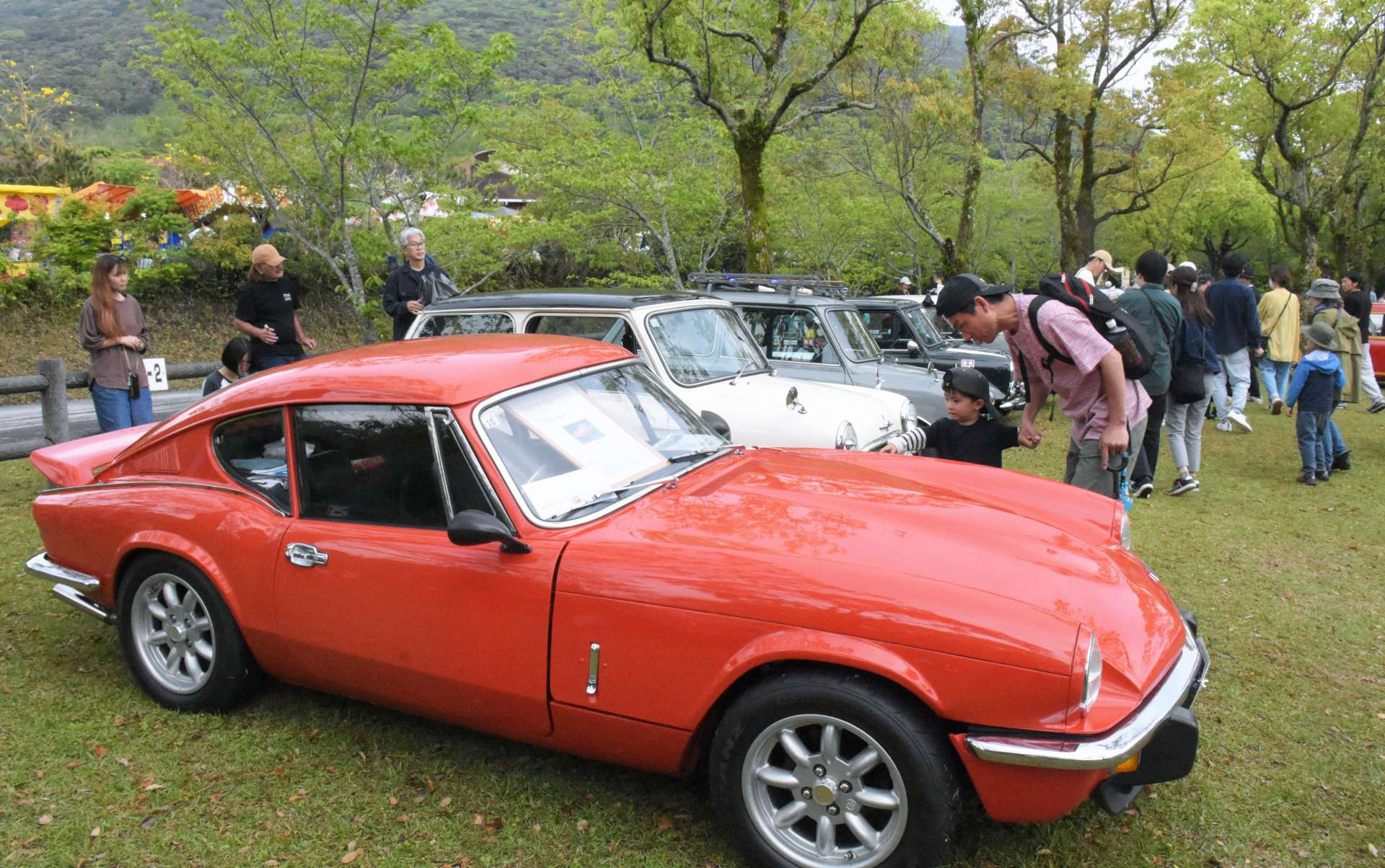 往年の名車や旧車を興味深そうに眺める来場者＝２０日、指宿市のかいもん山麓ふれあい公園