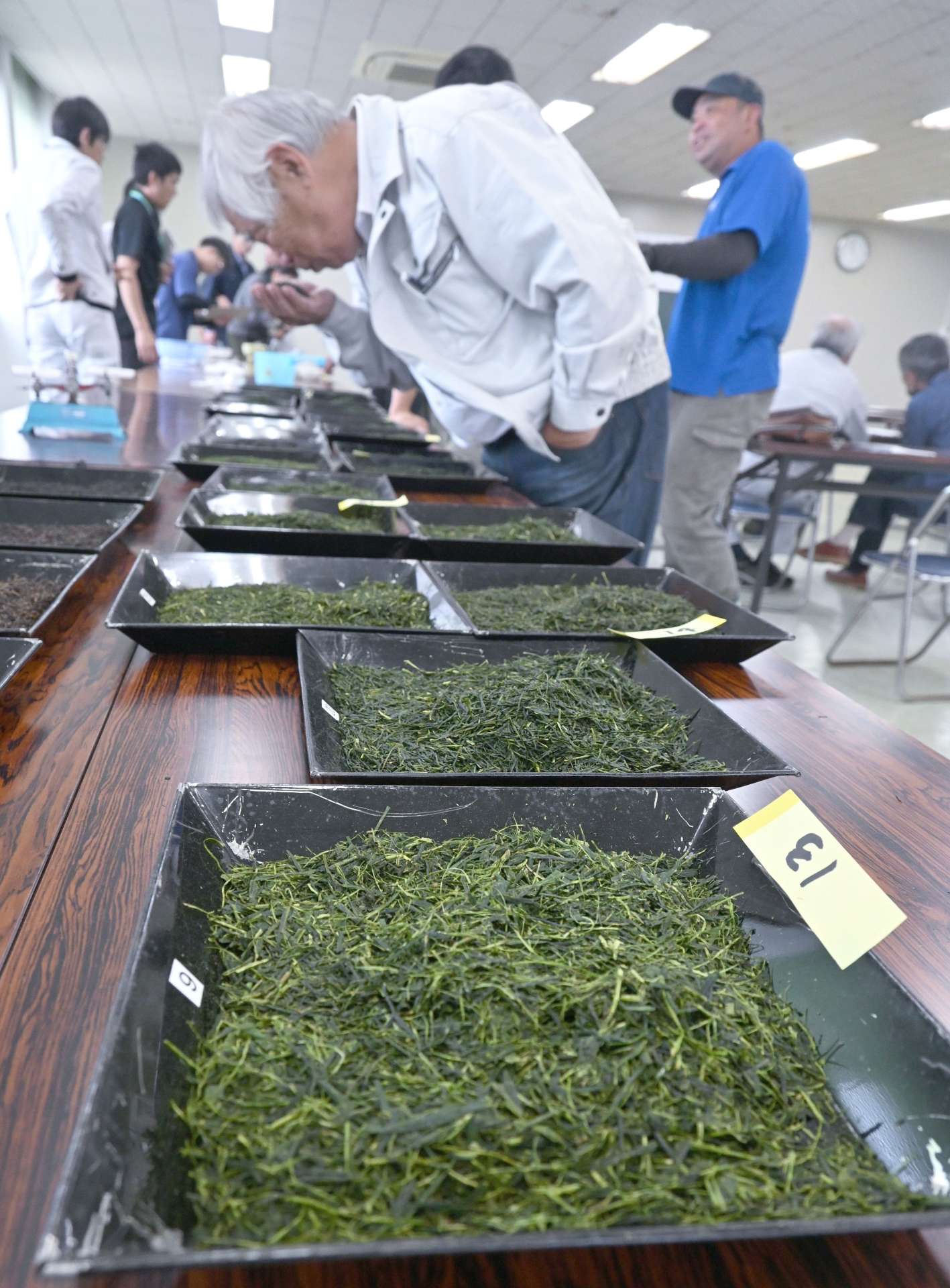 一番茶の味や香りを確かめる審査員や農家ら＝９日、西之表市のＪＡ種子屋久西之表支所