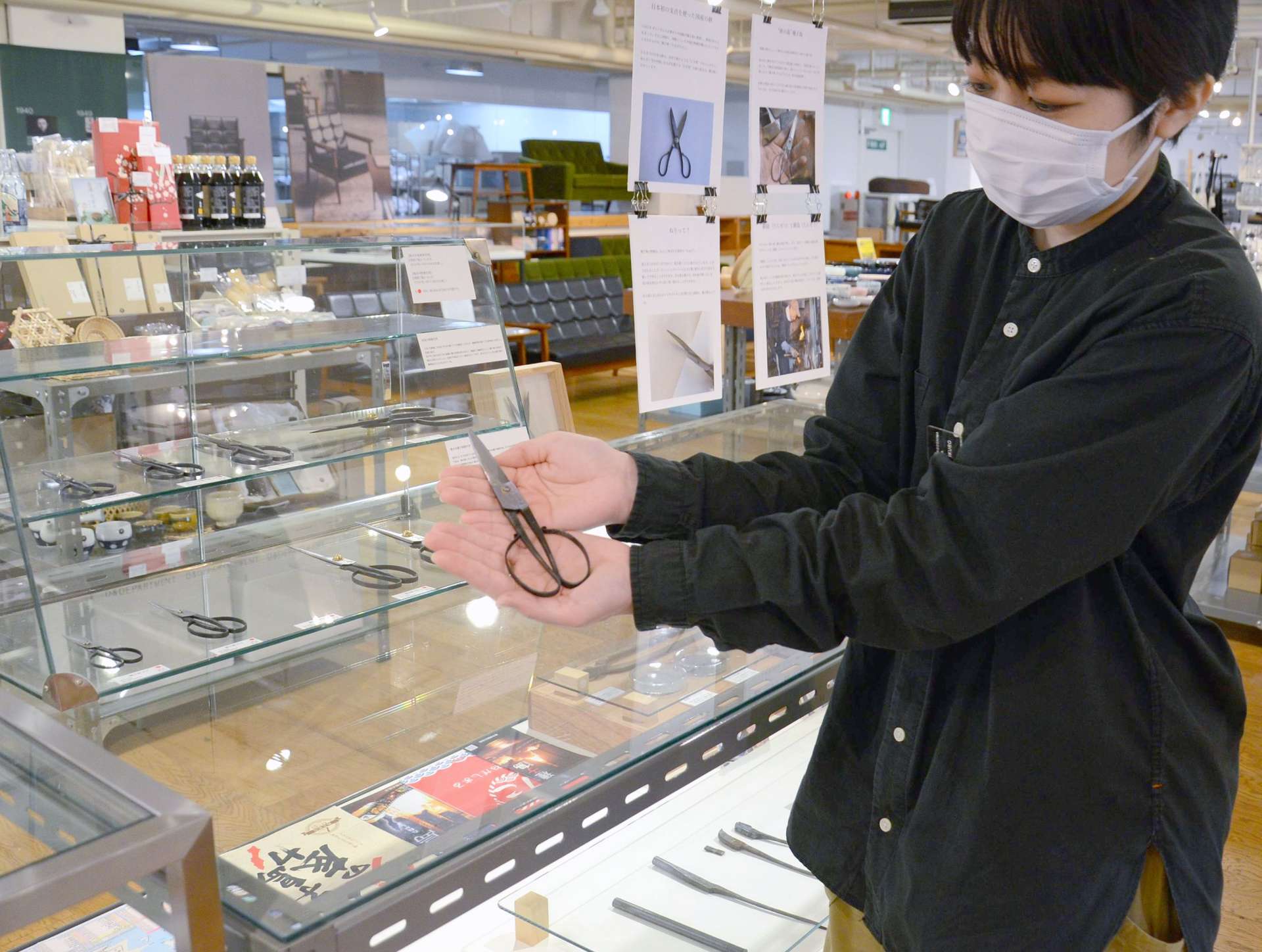 伝統的な技法で製造された種子鋏が並ぶ企画展＝鹿児島市呉服町のマルヤガーデンズ
