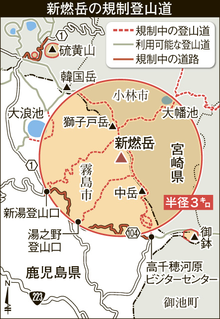 〈新燃岳で規制される登山道の地図を見る〉