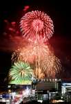〈関連〉「桜島と芸術花火２０２５」で、夜空を彩る色鮮やかな花火＝２６日午後８時すぎ、鹿児島市紫原３丁目