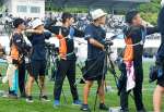予選を突破した男子団体・串木野（中袴田羚＝左、本田＝同３人目、中袴田遊＝同５人目）＝岩国市愛宕スポーツコンプレックス陸上競技場