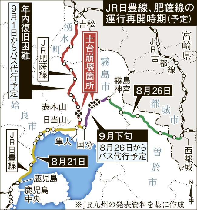 〈関連〉線路が宙に浮いた区間や、近隣のＪＲ路線の再開や代替バス運行のめどを地図上で分かりやすく