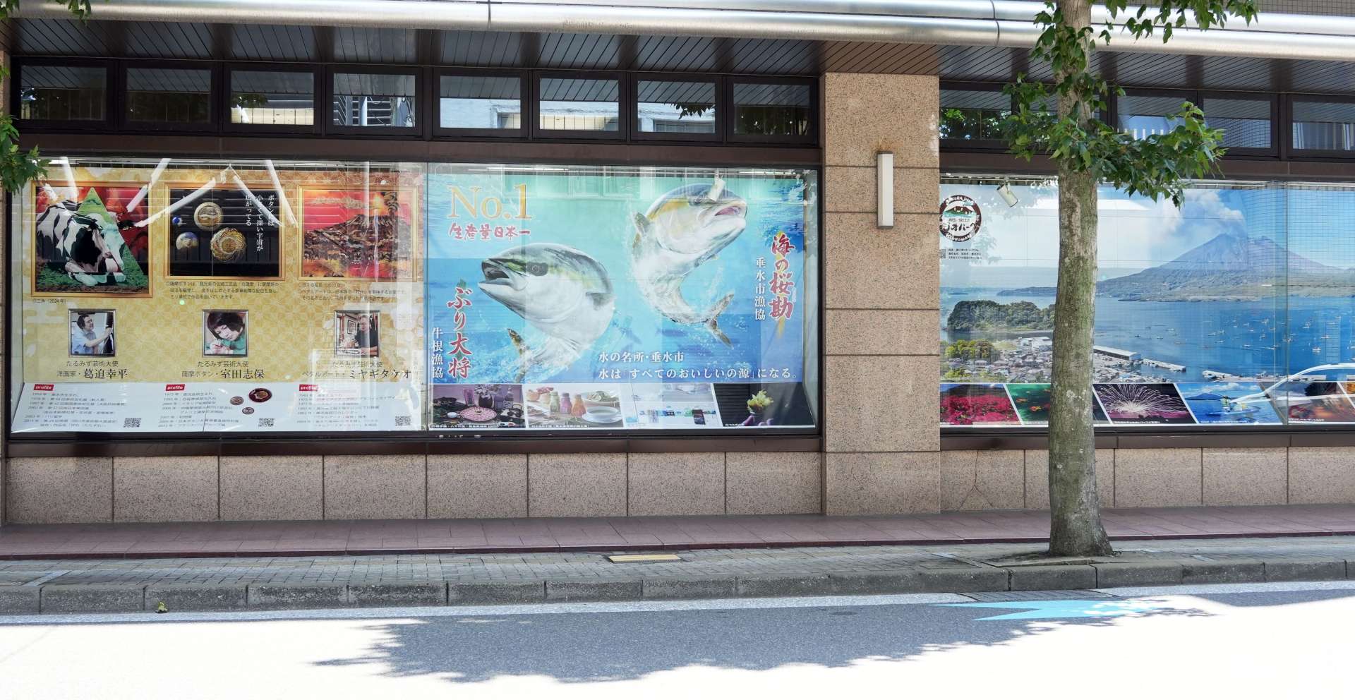 垂水市の特産品や観光名所をＰＲする展示パネル＝１８日、鹿児島市泉町の鹿児島相互信用金庫本店