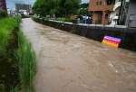 大雨で水位が増した新川＝２１日午後６時７分、鹿児島市田上１丁目