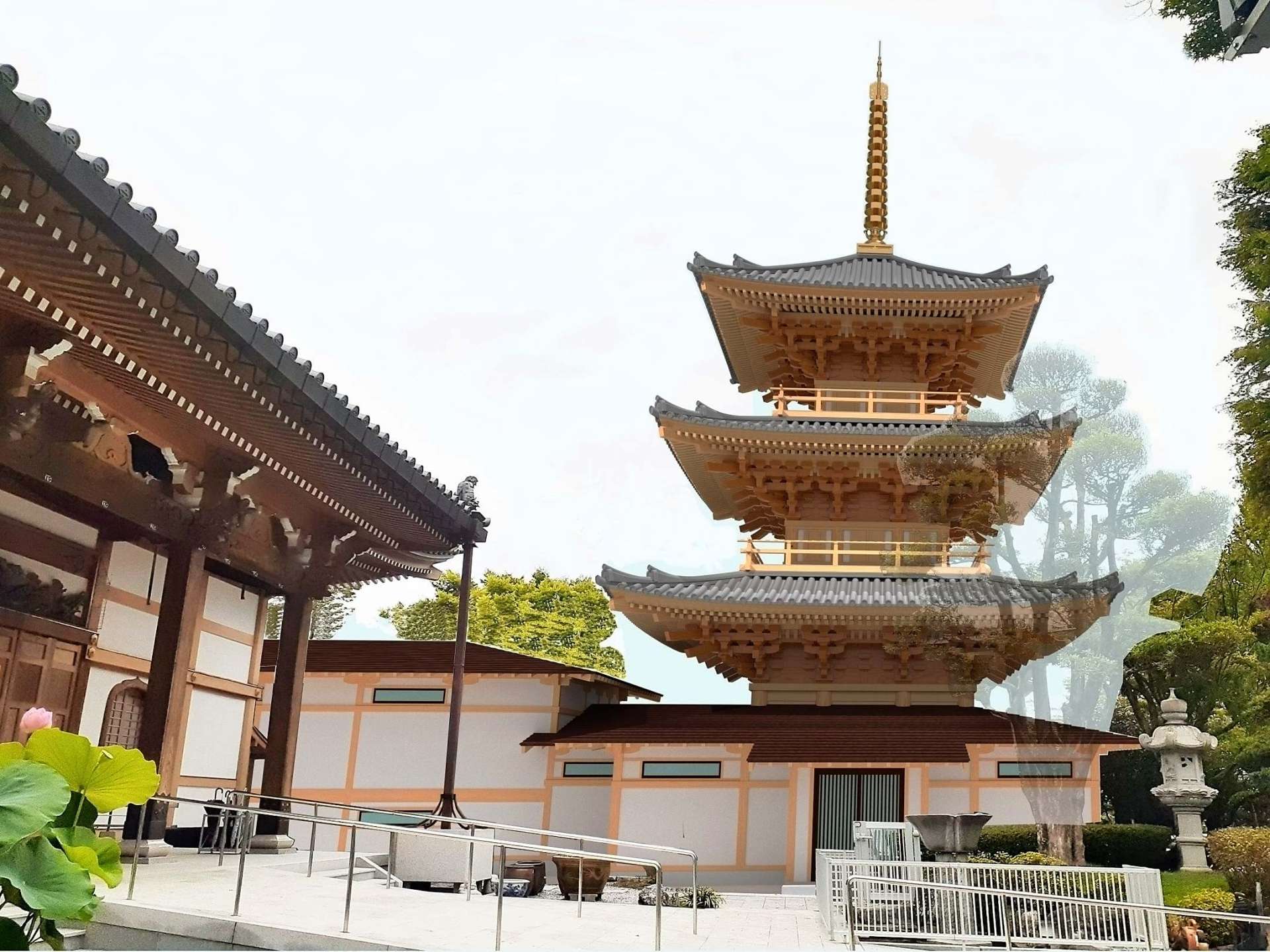 三重塔を頂いた攝護寺納骨堂の完成予想図。左側が本堂（亀山建設提供）