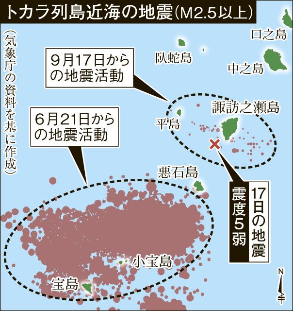 〈関連＝今回の震度５強と群発地震と震源の位置はどう違う？〉６月２１日からの地震と、震度５弱を観測した９月１７日からの地震の震源の違いを地図で確認する