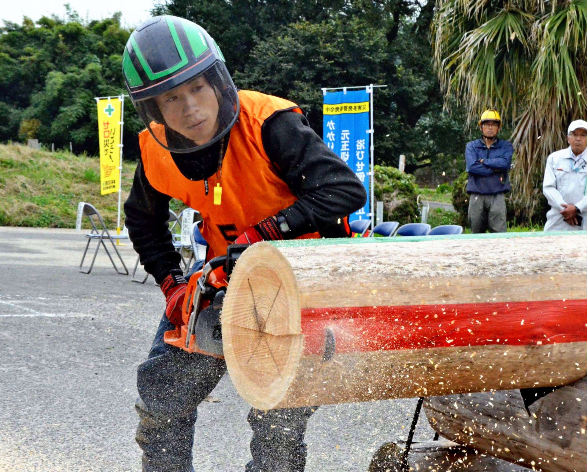 丸太を輪切りにする参加者＝１１日、姶良市