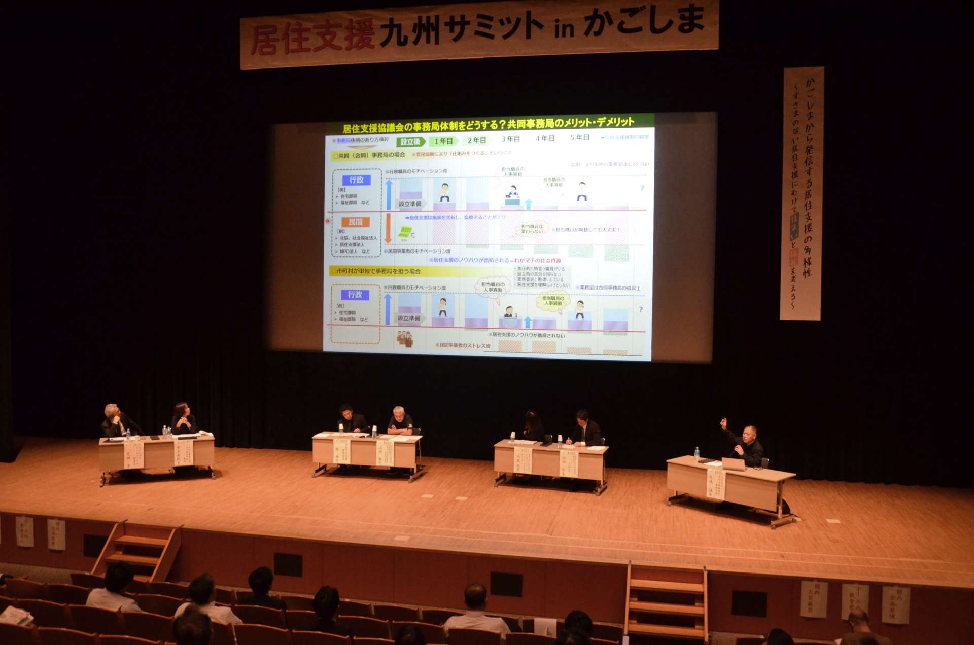 パネルディスカッションに臨む登壇者ら＝１４日、鹿児島市のカクイックス交流センター