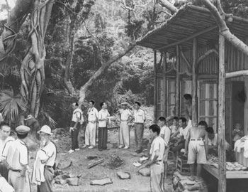 昭和２８年８月、旧志布志町枇榔（びろう）島のバンガロー。当時の紙面は「島のモダンな休憩所には売店ができ、バンガロー六棟も完成。連日満員で島始まって以来の盛況をみせている」と伝えている。