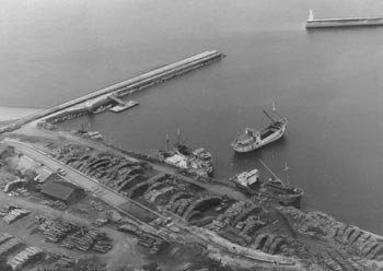 昭和４０年、旧大根占町の大根占港。紙面は「同港は昭和八年の着工以来、総工費１億円で同二十九年に完工。ここ２、３年前から利用度が増え、港の拡張改修などを町をあげて中央や県に陳情中である」と報じている。