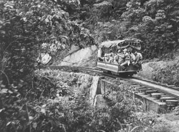 昭和３７年６月、屋久杉搬出用に使われる営林署の森林軌道。紙面は「屋久の山は深い。安房から小杉谷まで１５キロ、トロリーにお世話になった。のぼりは機関車が引っ張るが、下りはブレーキだけが頼り。小杉谷に住む中学生の通学用に作られたものだが、安房中小杉谷分校ができ通学には使われなくなった」と伝えている。