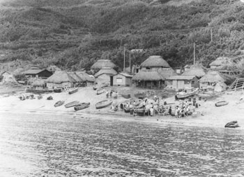 昭和３７年６月、口之島の西之浜港周辺の人家。「口之島の家は一部をのぞいてササぶき屋根。雨が吹きこんで雨戸が腐るのを防ぐため、ヒサシが重く垂れ下がっている」と紙面は伝えている。