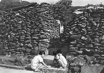 昭和４５年３月、サンゴづくりの石垣に囲まれた家々が並ぶ大和村今里。紙面によると「１００戸余りある集落はまるで城壁のように海岸線にそって続いた石垣のなかにすっぽりと隠れている。軒をしのぐほどサンゴの石垣を高くしたのは、東シナ海の荒波のしぶきと、絶えず襲ってくる台風の暴風を避けるためである。集落を彩るサンゴの石垣は奄美の美観と人々の営みを伝える」と紹介する。