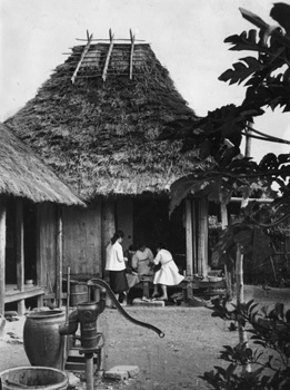 昭和３３年６月、かやぶき屋根と井戸がある亀津の農家。当時の紙面では「飲料水には町民の多くが困っており、小川や泉、地下水に頼っている。２キロくらい水くみに出かけることも珍しくないという。この春、亀津町と東天城村が合併して徳之島町として発足。氷倉庫建設や電源開発も急がれるが、水道整備など新町政に課題は多い」と報じている。