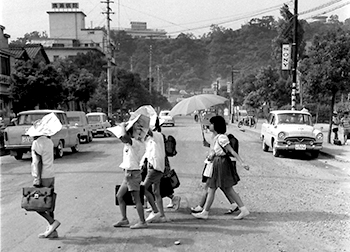 昭和３８年９月、鹿児島市の山下小前で新聞紙を頭にかぶって登校する生徒。紙面では「８日夜から鹿児島市に降り続いている桜島の灰に、市民は『またか』とウンザリ。家の中や洗たく物は真っ黒。庭の草花も元気がない。また『赤ん坊の目が赤くなった。単車に乗ったら、目が痛む…』など保健所への問い合わせがふえた。軽い結膜炎や結膜異物症を起こして病院の門をくぐる人もいる」と報じている。