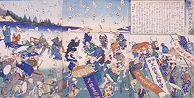 御札降りの様子が描かれた「豊饒御蔭参（ほうねんおかげまいり）之図」。民衆の熱狂と喧噪が伝わってくる（豊橋市美術博物館所蔵）